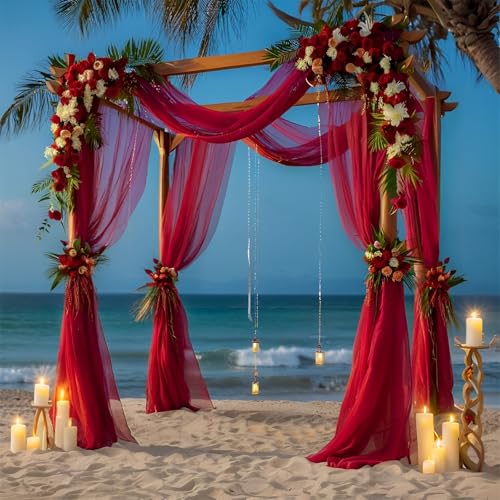 Chickwin Hochzeit Vorhang Hochzeitsbogen,1pc Anmut Tüll Querbehang,Freihanddeko Himmelbett Vorhänge,Stoff Transparent Voile Dekoration für Fotohintergrund Torbogen Hochzeitsdeko (Rot,76x800cm) von Chickwin