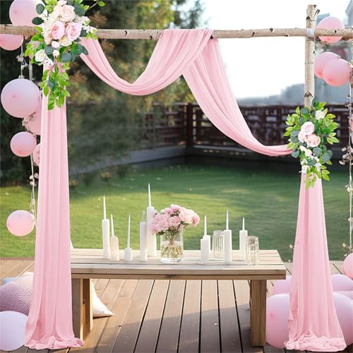 Chickwin Hochzeit Vorhang Hochzeitsbogen mit 2 Bändern, Hängend Tüll Querbehang Himmelbett Vorhänge,Transparent Voile Dekoration, Fotohintergrund Rasen Party Hochzeitsdeko (Rosa,75x400cm) von Chickwin