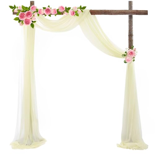 Chickwin Hochzeit Vorhang Hochzeitsbogen mit 2 Bändern, Tüll Querbehang, Himmelbett Vorhänge, Stoff Transparent Voile Dekoration für Fotohintergrund Zeremonie Hochzeitsdeko (Beige,75x550cm) von Chickwin