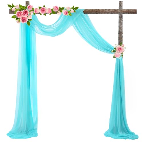 Chickwin Hochzeit Vorhang Hochzeitsbogen mit 2 Bändern, Tüll Querbehang, Himmelbett Vorhänge, Stoff Transparent Voile Dekoration für Fotohintergrund Zeremonie Hochzeitsdeko (Blau,75x600cm) von Chickwin
