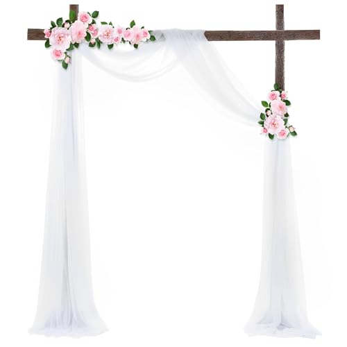 Chickwin Hochzeit Vorhang Hochzeitsbogen mit 2 Bändern, Tüll Querbehang, Himmelbett Vorhänge, Stoff Transparent Voile Dekoration für Fotohintergrund Zeremonie Hochzeitsdeko (Weiß,75x300cm) von Chickwin