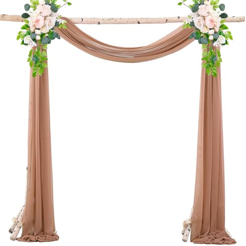 Chickwin Hochzeit Vorhang Hochzeitsbogen mit 2 Bändern, Tüll Querbehang Himmelbett Vorhänge, Transparent Voile Dekoration, für Fotohintergrund Party Zeremonie Hochzeitsdeko (Hellbraun,75x1000cm) von Chickwin