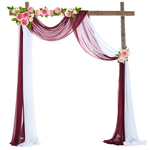 Chickwin Hochzeit Vorhang Hochzeitsbogen mit 2 Bändern, Tüll Querbehang Himmelbett Vorhänge, Transparent Voile Dekoration, für Fotohintergrund Party Zeremonie Hochzeitsdeko (Rot-Weiß,50x570cm) von Chickwin