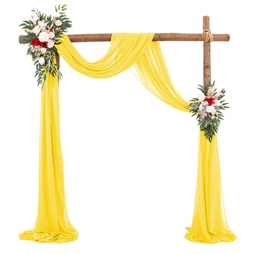 Chickwin Hochzeit Vorhang Hochzeitsbogen mit 2 Bändern, Weich Hängend Tüll Querbehang Himmelbett Vorhänge,Transparent Voile Dekoration, Fotohintergrund Party Hochzeitsdeko (Gelb,75x1000cm) von Chickwin