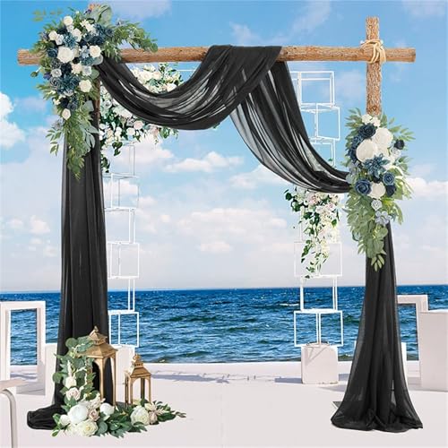 Chickwin Hochzeit Vorhang Hochzeitsbogen mit 2 Bändern, Weich Hängend Tüll Querbehang Himmelbett Vorhänge,Transparent Voile Dekoration, Fotohintergrund Party Hochzeitsdeko (Schwarz,75x550cm) von Chickwin