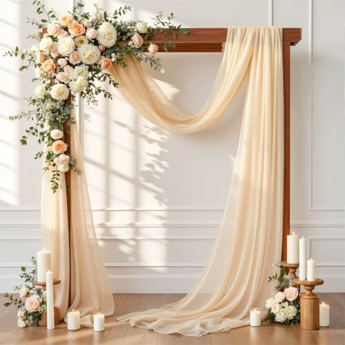 Chickwin Hochzeit Vorhang Hochzeitsbogen mit 2 Bändern,1 Stück Hängend Tüll Querbehang Himmelbett Vorhänge,Transparent Voile Dekoration, Fotohintergrund Party Hochzeitsdeko (Champagner,75x600cm) von Chickwin