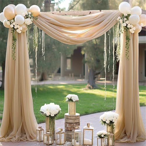 Chickwin Hochzeit Vorhang Hochzeitsbogen mit 2 Bändern,1 Stück Hängend Tüll Querbehang Himmelbett Vorhänge,Transparent Voile Dekoration, Fotohintergrund Party Hochzeitsdeko (Hellbraun,75x550cm) von Chickwin