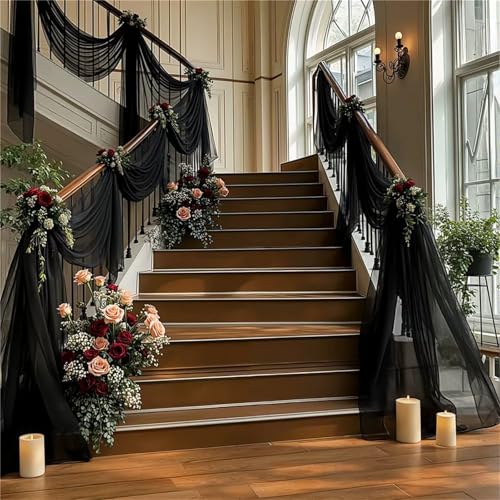 Chickwin Hochzeit Vorhang Hochzeitsbogen mit 2 Bändern,Hängend Tüll Querbehang Himmelbett Vorhänge,Transparent Voile Dekoration,Innen/Außen Fotohintergrund Party Hochzeitsdeko (Schwarz,80x800cm) von Chickwin