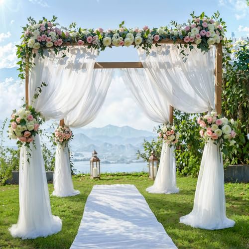 Chickwin Hochzeit Vorhang Hochzeitsbogen mit 2 Bändern,Hängend Tüll Querbehang Himmelbett Vorhänge,Transparent Voile Dekoration,Innen/Außen Fotohintergrund Party Hochzeitsdeko (Weiß,80x600cm) von Chickwin