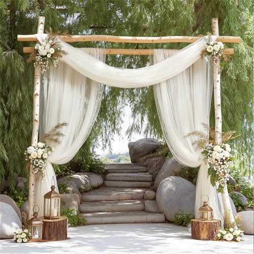 Chickwin Hochzeit Vorhang Hochzeitsbogen mit 2 Bändern,Hängend Tüll Querbehang Himmelbett Vorhänge,Transparent Voile Dekoration,für Fotohintergrund Rasen Party Hochzeitsdeko (Beige,160x800cm) von Chickwin