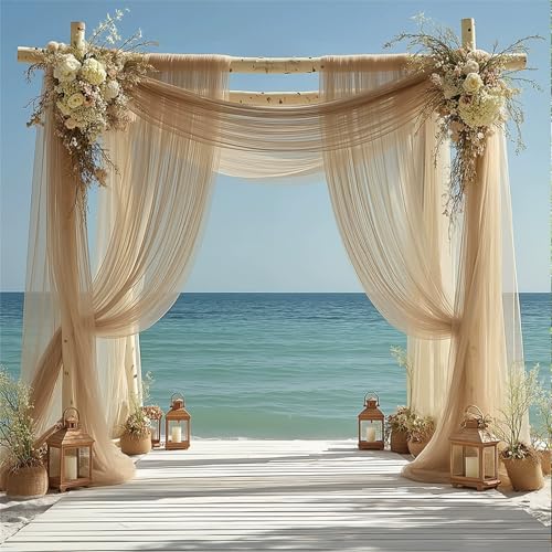 Chickwin Hochzeit Vorhang Hochzeitsbogen mit 2 Bändern,Hängend Tüll Querbehang Himmelbett Vorhänge,Transparent Voile Dekoration,für Fotohintergrund Rasen Party Hochzeitsdeko (Kamel,160x800cm) von Chickwin