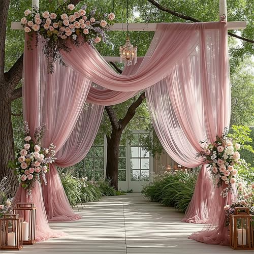 Chickwin Hochzeit Vorhang Hochzeitsbogen mit 2 Bändern,Hängend Tüll Querbehang Himmelbett Vorhänge,Transparent Voile Dekoration,für Fotohintergrund Rasen Party Hochzeitsdeko (Rosa 1,160x600cm) von Chickwin