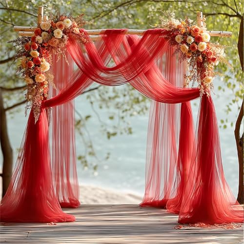 Chickwin Hochzeit Vorhang Hochzeitsbogen mit 2 Bändern,Hängend Tüll Querbehang Himmelbett Vorhänge,Transparent Voile Dekoration,für Fotohintergrund Rasen Party Hochzeitsdeko (Rot,160x800cm) von Chickwin