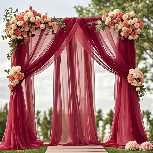 Chickwin Hochzeit Vorhang Hochzeitsbogen mit 2 Bändern,Hängend Tüll Querbehang Himmelbett Vorhänge,Transparent Voile Dekoration,für Fotohintergrund Rasen Party Hochzeitsdeko (Rot 1,160x800cm) von Chickwin