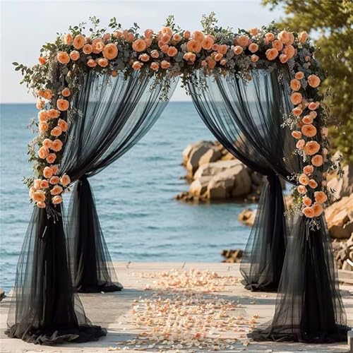 Chickwin Hochzeit Vorhang Hochzeitsbogen mit 2 Bändern,Hängend Tüll Querbehang Himmelbett Vorhänge,Transparent Voile Dekoration,für Fotohintergrund Rasen Party Hochzeitsdeko (Schwarz,160x800cm) von Chickwin