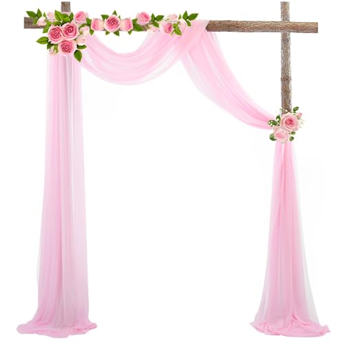 Chickwin Hochzeit Vorhang Hochzeitsbogen mit 2 Bändern,Tüll Querbehang,Himmelbett Vorhänge,Stoff Transparent Voile Dekoration für Rasen Fotohintergrund Zeremonie Hochzeitsdeko (Rosa,75x550cm) von Chickwin