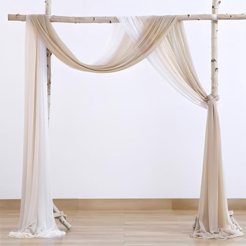 Chickwin Hochzeit Vorhang mit 2 Bändern, 3pc Hochzeitsbogen Tüll Querbehang, Himmelbett Vorhänge, Stoff Transparent Voile Dekoration für Fotohintergrund Zeremonie Hochzeitsdeko (Beige,0.75x6m) von Chickwin