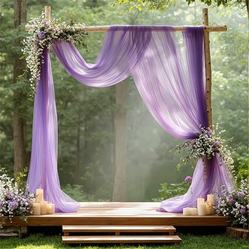 Chickwin Leicht Hochzeit Vorhang Hochzeitsbogen, Tüll Querbehang mit 2 Bändern, Himmelbett Vorhänge, Stoff Transparent Voile Dekoration für Party Zeremonie Hochzeitsdeko (Lila,160x800cm) von Chickwin