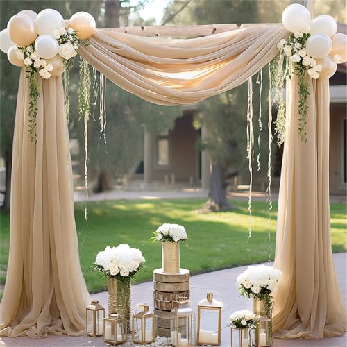 Chickwin Mode Hochzeit Vorhang Hochzeitsbogen, 100D Chiffon Tüll Querbehang, 2PC Himmelbett Vorhänge, Stoff Transparent Voile Dekoration für Fotohintergrund Hochzeitsdeko (Khaki,70x600cm) von Chickwin