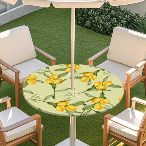 Chickwin Outdoor Runde Tischdecke Wasserdicht mit Sonnenschirm Loch und Reißverschluss, 3D Sommer Tropische Früchte Druck Elastischer Tischdecke für Terrasse Party BBQ (Gelbe Zitrone,91-111cm) von Chickwin
