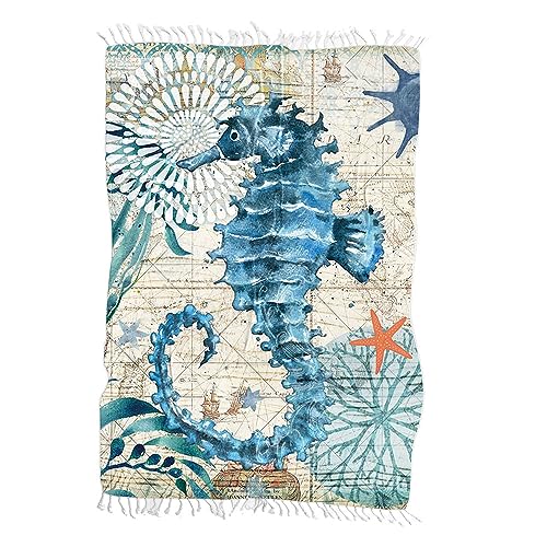 Chickwin Quaste Strandtuch Strandtücher Beach Towel Groß Meereslebewesen-Druck Strandhandtuch Badetücher Beach Towels Strandlaken Mikrofaser Badetuch Badetücher (183x114cm,Seepferdchen) von Chickwin