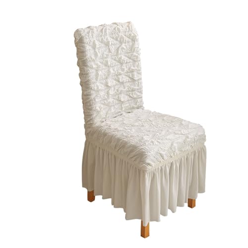 Chickwin Rhombus Seersucker Stuhlhussen mit Rüschen, Stuhlbezug mit Rock 1/2/4/6er Set, Elastisch Stuhlbezüg Stretch Esszimmerstuhl Abdeckung Hochzeit Stuhlhusse (1 Stück,Weiß) von Chickwin