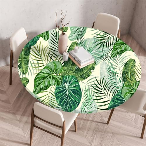 Chickwin Rund Tischdecke Outdoor Gartentischdecke Abwischbar Grün Monstera Palmenblätter Wasserdicht Fleckschutz Anti-Rutsch Indoor Outdoor Tischdecke mit Gummiband (Tropische Pflanzen 2,80cm) von Chickwin