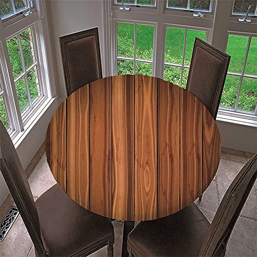 Chickwin Runde Tischdecke Wasserdicht Lotuseffekt Abwaschbar mit Elastische Kante, 3D Holzoptik Muster Runde Tischtuch aus Polyester für Küche, Restaurant, Garten (Rotbraun,120cm) von Chickwin