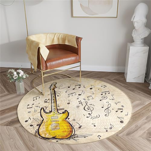 Chickwin Rutschfester Teppich Rund, Musik Note Muster Teppich Moderne Wohnzimmer Flauschig Teppiche Weich Flanell Fußmatte für Dekoration Schlafzimmer Küche (Durchmesser 120cm,Gelbe Gitarre) von Chickwin