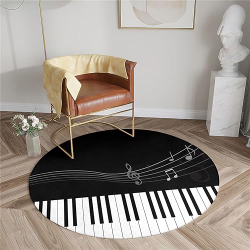Chickwin Rutschfester Teppich Rund, Musik Note Muster Teppich Moderne Wohnzimmer Flauschig Teppiche Weich Flanell Fußmatte für Dekoration Schlafzimmer Küche (Durchmesser 60cm,Klavier) von Chickwin
