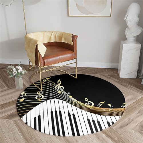 Chickwin Rutschfester Teppich Rund, Musik Note Muster Teppich Moderne Wohnzimmer Flauschig Teppiche Weich Flanell Fußmatte für Dekoration Schlafzimmer Küche (Durchmesser 80cm,Klaviertasten) von Chickwin
