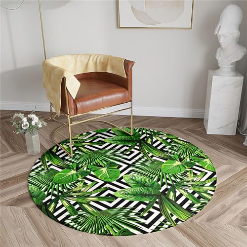 Chickwin Rutschfester Teppich Rund, Pflanzenblätter Muster Teppich Moderne Wohnzimmer Flauschig Teppiche Weich Flanell Fußmatte für Schlafzimmer Küche (Bananenblätter,Durchmesser 100cm) von Chickwin