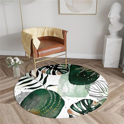 Chickwin Rutschfester Teppich Rund, Pflanzenblätter Muster Teppich Moderne Wohnzimmer Flauschig Teppiche Weich Flanell Fußmatte für Schlafzimmer Küche (Grüne Blätter,Durchmesser 80cm) von Chickwin