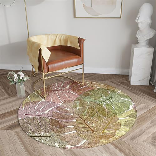Chickwin Rutschfester Teppich Rund, Pflanzenblätter Muster Teppich Moderne Wohnzimmer Flauschig Teppiche Weich Flanell Fußmatte für Schlafzimmer Küche (Monstera-Blätter,Durchmesser 100cm) von Chickwin