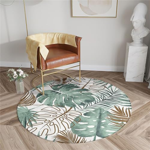 Chickwin Rutschfester Teppich Rund, Pflanzenblätter Muster Teppich Moderne Wohnzimmer Flauschig Teppiche Weich Flanell Fußmatte für Schlafzimmer Küche (Pflanzenblätter,Durchmesser 60cm) von Chickwin
