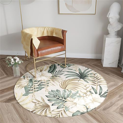 Chickwin Rutschfester Teppich Rund, Pflanzenblätter Muster Teppich Moderne Wohnzimmer Flauschig Teppiche Weich Flanell Fußmatte für Schlafzimmer Küche (Weiße Blumen,Durchmesser 80cm) von Chickwin