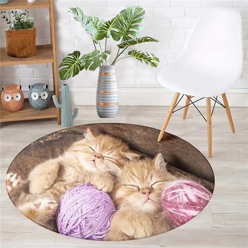 Chickwin Rutschfester Teppich Rund, Tier Muster Teppich Moderne Wohnzimmer Flauschig Teppiche Weich Flanell Fußmatte Waschbar für Dekoration Schlafzimmer Küche (Durchmesser 120cm,Süße Katze) von Chickwin