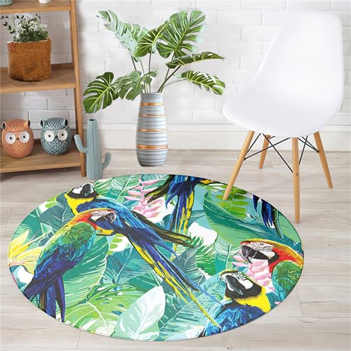 Chickwin Rutschfester Teppich Rund, Vogel Muster Teppich Moderne Wohnzimmer Flauschig Teppiche Weich Flanell Fußmatte für Dekoration Schlafzimmer Küche (Durchmesser 120cm,Blauer Papagei) von Chickwin