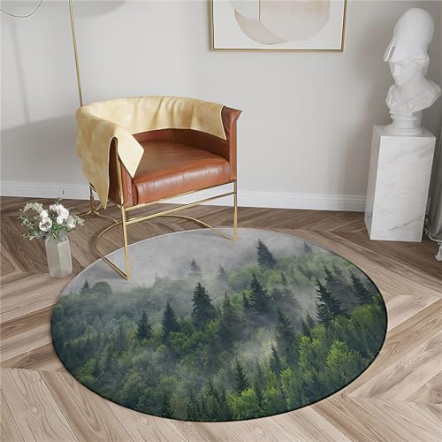 Chickwin Rutschfester Teppich Rund,Wald Bäume Muster Teppich Moderne Wohnzimmer Flauschig Teppiche Weich Flanell Fußmatte für Dekoration Schlafzimmer Küche (Grüner Wald,Durchmesser 100cm) von Chickwin