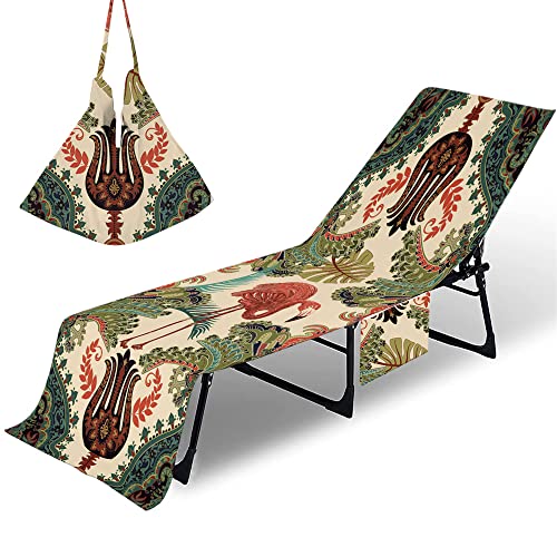 Chickwin Schonbezug für Gartenliege Frottee Liegenauflage mit Kapuze | Strandliegenauflage mit 2 Taschen Stuhl Strandtuch für Gartenliege Liegenauflage,Sonnenliegen (75x210cm,Weinlese-Eleganz 7) von Chickwin
