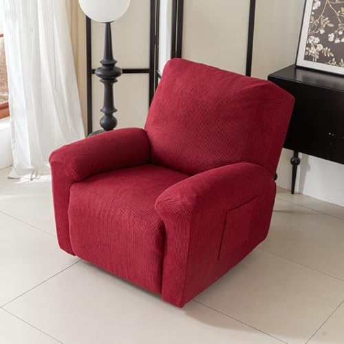 Chickwin Sesselschoner für Relaxsessel, 1/2/3 Sitzer Fernsehsessel Bezug mit Taschen, Einfarbig - Jacquard Elastisch Sesselschoner für Fernsehsessel mit Armlehne (Rot,1 Sitzer) von Chickwin