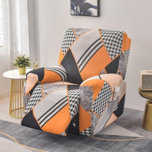 Chickwin Sesselschoner für Relaxsessel, 1/2/3 Sitzer Fernsehsessel Bezug mit Taschen, Modernes Muster Elastisch Sesselschoner für Fernsehsessel mit Armlehne (Orange-Schwarz,2 Sitzer) von Chickwin