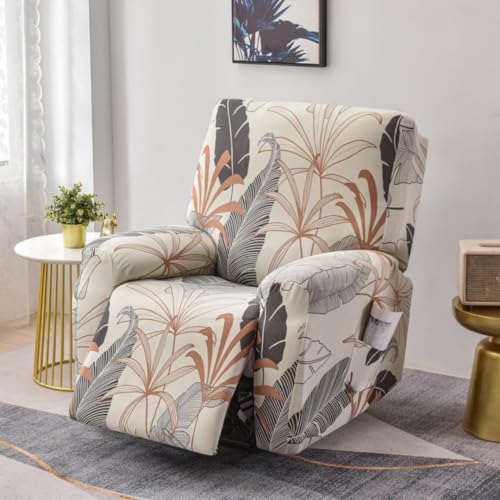 Chickwin Sesselschoner für Relaxsessel, 1/2/3 Sitzer Fernsehsessel Bezug mit Taschen, Pflanze Drucke Elastisch Sesselschoner für Fernsehsessel mit Armlehne (Beige,2 Sitzer) von Chickwin