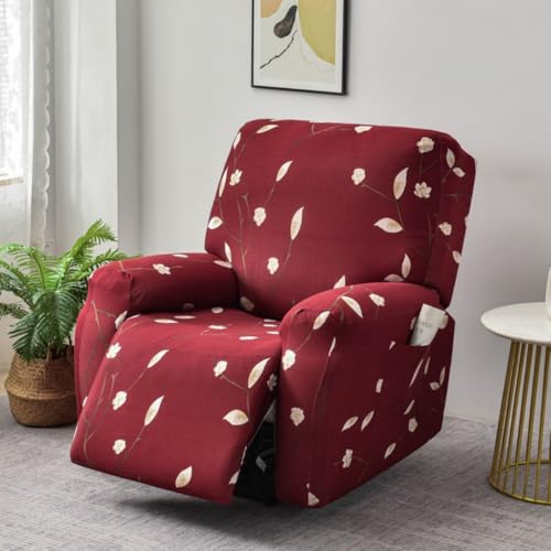 Chickwin Sesselschoner für Relaxsessel, 1/2/3 Sitzer Fernsehsessel Bezug mit Taschen, Pflanze Drucke Elastisch Sesselschoner für Fernsehsessel mit Armlehne (Rot,3 Sitzer) von Chickwin