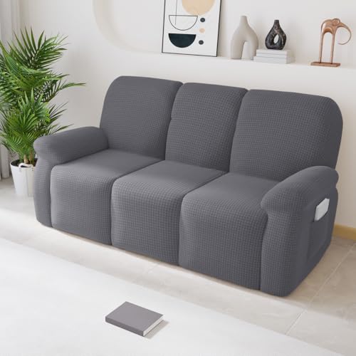 Chickwin Sesselschoner für Relaxsessel 1/2/3 Sitzer, Fernsehsessel Bezug mit Taschen Elastisch Sesselschoner für Fernsehsessel, Einfarbig Sesselschoner mit Armlehne (3 Sitzer,Grau) von Chickwin