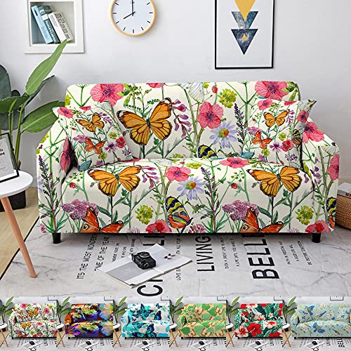 Chickwin Sofabezug 1 2 3 4 Sitzer Sofa Überwürfe Mit Armlehnen, 3D Schmetterling Drucken Mode Elastisch Polyester Weich Stretch Abwaschbar Couch Sofaüberwurf (Blume,3 Sitzer) von Chickwin