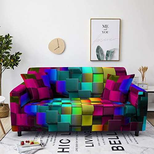 Chickwin Sofabezug 1 2 3 4 Sitzer Sofa Überwürfe Mit Armlehnen, 3D farbige Quadrate Drucken Elastisch Polyester Weich Stretch Abwaschbar Couch Sofaüberwurf (2 Sitzer,rot grün) von Chickwin