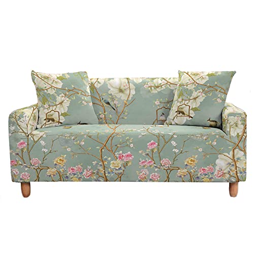 Chickwin Sofabezug 1 2 3 4 Sitzer Sofa Überwürfe Mit Armlehnen, Baum Blume Vogel Drucken Deko Elastisch Weich Stretch Abwaschbar Couch Sofaüberwurf, Sofa Hussen Möbel Deko (Rose,3 Sitzer) von Chickwin
