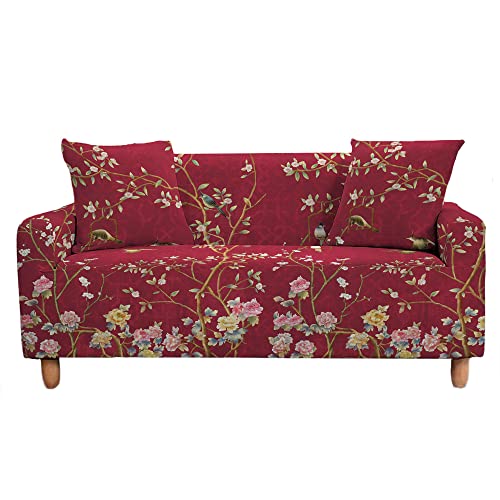 Chickwin Sofabezug 1 2 3 4 Sitzer Sofa Überwürfe Mit Armlehnen, Baum Blume Vogel Drucken Deko Elastisch Weich Stretch Abwaschbar Couch Sofaüberwurf, Sofa Hussen Möbel Deko (rot,3 Sitzer) von Chickwin