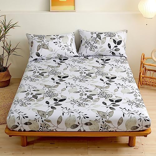 Chickwin Spannbetttuch, Blumen Pflanze Druck Spannbetttuch Boxspringbett, Weiche Bequem Spannbettlaken Matratzenschoner für Bettw Sche, Steghöhe bis 30cm (180x200 cm,Schwarze weiße Blätter) von Chickwin